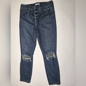 Good American Distressed High Rise Skinny Jeans Ripped Knee Dark Wash Denim‎